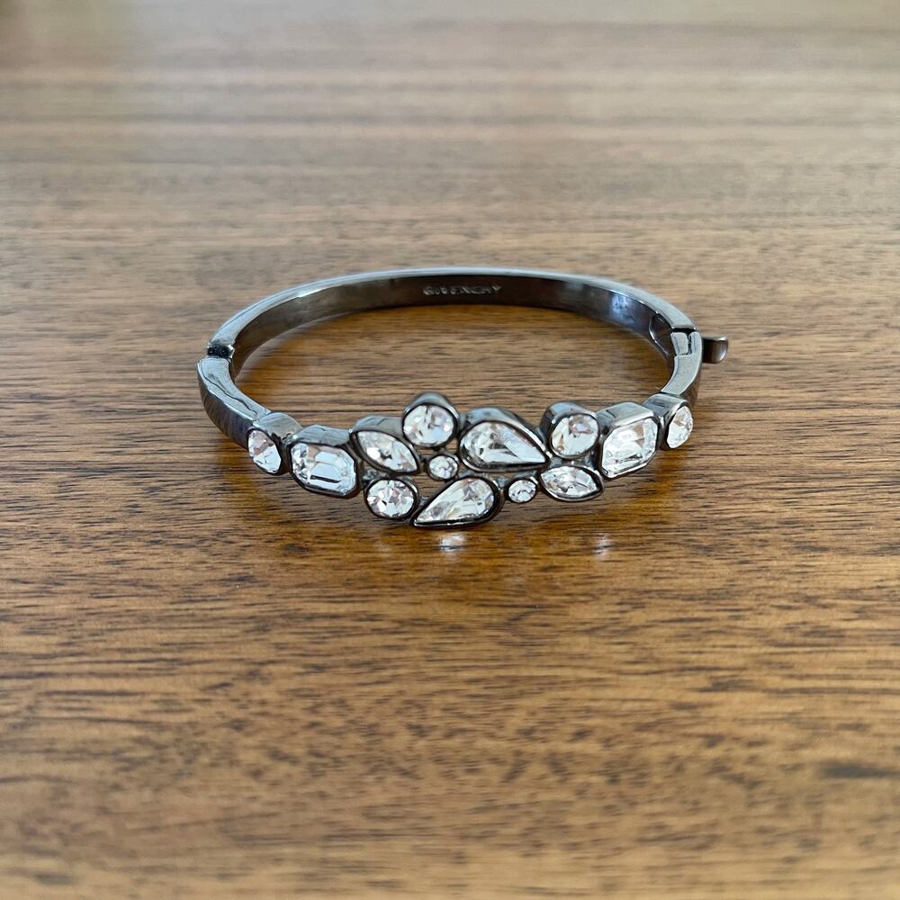 Givenchy Crystal Gem Stone Bangle Bracelet Silver Gray Tone Clasp Opening